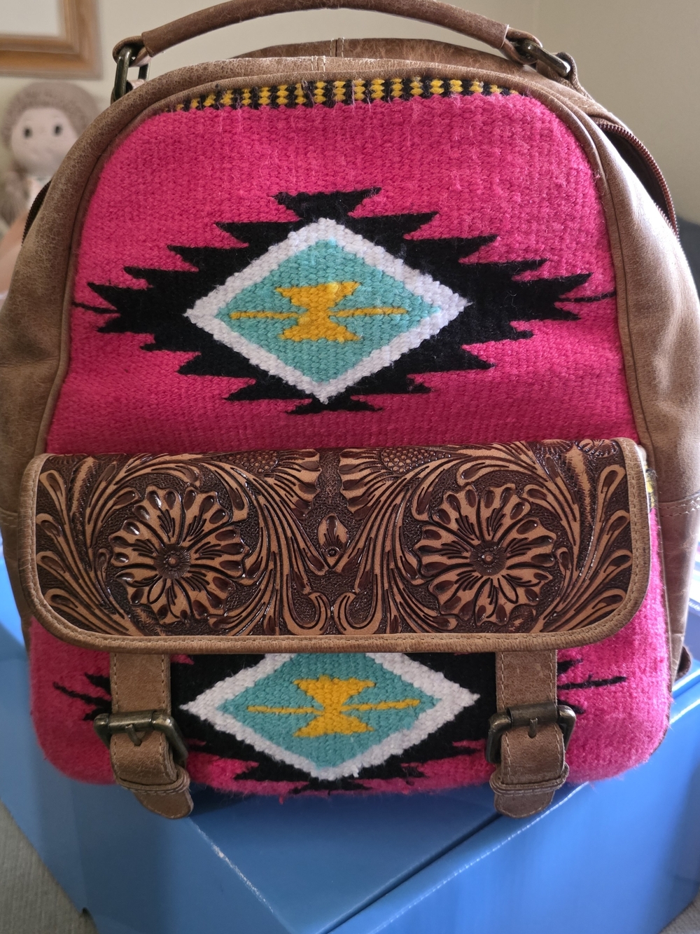 Myra Bag Pink Southwestern Patterned Leather-Trim Backpack